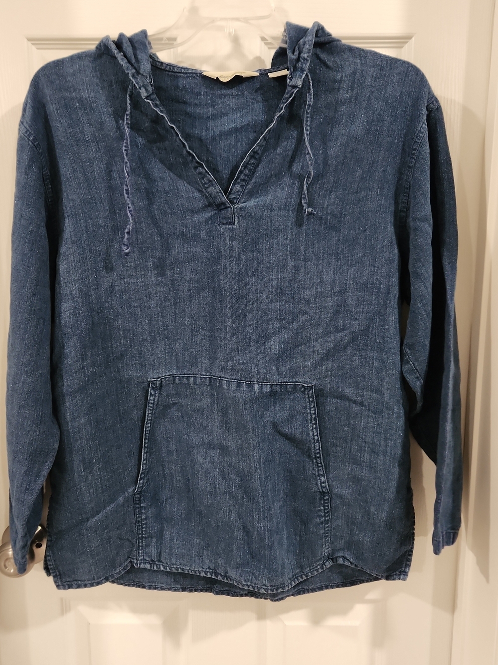 Vintage 90s Eddie Bauer Blue Linen Blend Hoodie Pullover Kangaroo Pocket Mens L